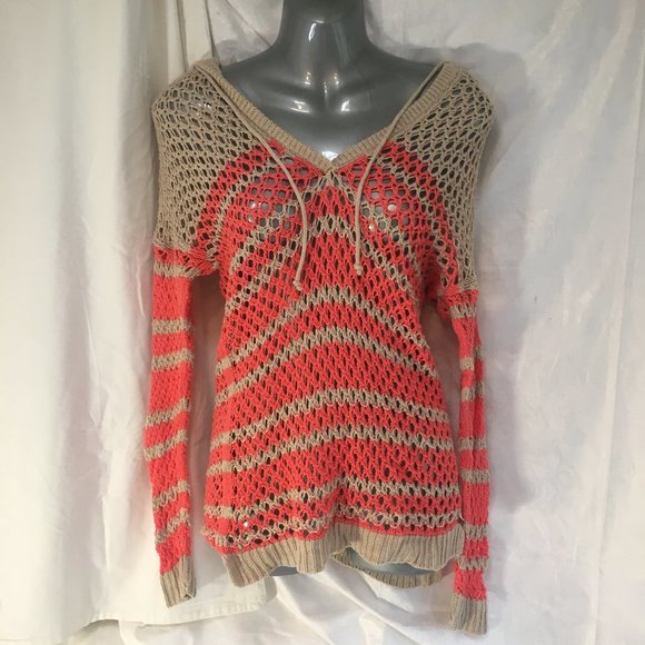 American Eagle Coral Beige Crochet Open Knit Hooded Long Sweater Y2K XS Fairy - Picture 1 of 10